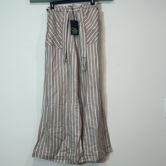 New Chaser x Revolve Wide leg linen blend striped beach pants tan/blue/egg shell - Picture 11 of 11